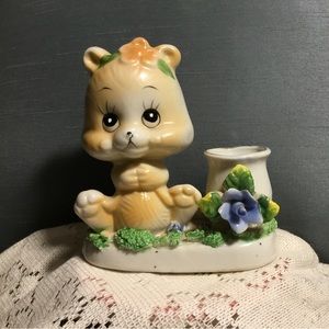 Vintage Kitschy Bear with Flowers and Pot **Rare